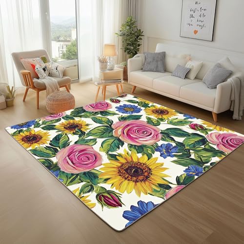 Dpvbffx Sonnenblume Rose Teppich Wohnzimmer, Pflanzen Blätter Floral Kurzflor Teppich 120x170cm, Landhausstil Blumenmuster Teppiche Antirutsch Waschbare Teppiche Kinderzimmer Schlafzimmer Bettvorleger von Dpvbffx