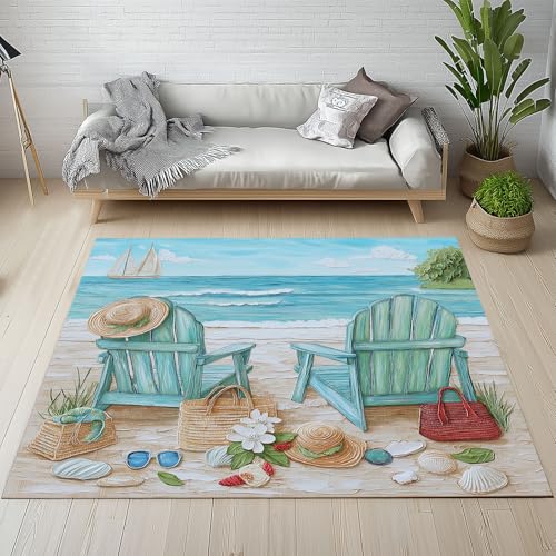 Dpvbffx Strand Loungesessel Teppich Wohnzimmer, Sommer Küste Kurzflor Teppich 140x200 cm, Exotisch Hawaii Urlaub Teppiche Antirutsch Weich Waschbare Teppiche Kinderzimmer Schlafzimmer Bettvorleger von Dpvbffx