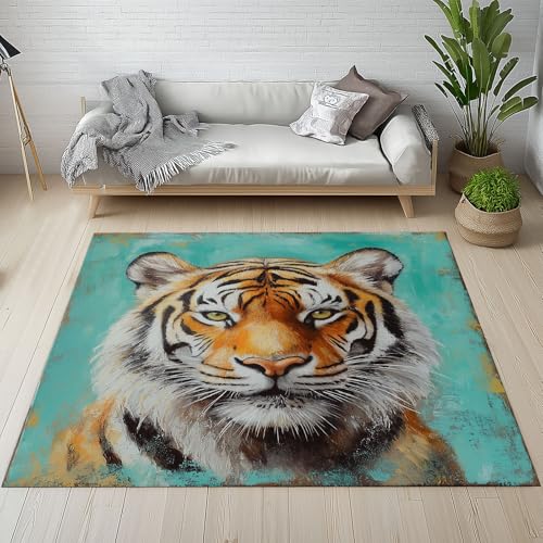 Dpvbffx Tiger Fußmatte 40x60 cm, Wildtier Tiger Teppich Klein rutschfest, Ölgemälde Tiermotiv Teppich Kurzflor, Waschbarer Teppiche Gegend Schmutzfangmatte fur Innen Outdoor Eingang von Dpvbffx