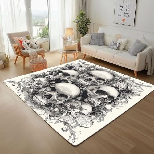 Dpvbffx Totenkopf Teppich Wohnzimmer, Gotisch Schädel Kurzflor Teppich 160x200 cm, Skull Knochen Teppiche Antirutsch Weich Waschbare Teppiche Kinderzimmer Schlafzimmer Bettvorleger von Dpvbffx