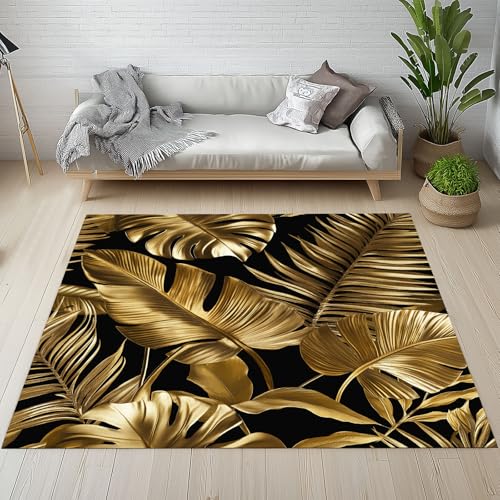 Dpvbffx Tropisch Blätter Teppich Groß 160x230 cm, Luxus Schwarz Gold Waschbare Teppiche Antirutsch, Monstera Palme Laub Teppich Weich Kurzflor Fur Wohnzimmer Schlafzimmer Kinderzimmer Bettvorleger von Dpvbffx