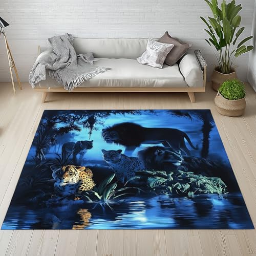 Dpvbffx Tropisch Dschungeltiere Teppich Wohnzimmer Schlafzimmer, Tier Thema Kurzflor Teppich 140x200 cm, Wildtier Gepard Löwe Teppiche Antirutsch Weich Waschbare Teppiche Kinderzimmer Bettvorleger von Dpvbffx