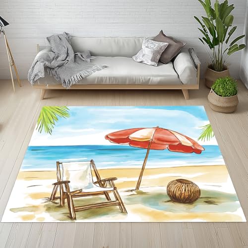 Dpvbffx Tropisch Meer Strand Teppich Groß 200x290 cm, Loungesessel Sonnenschirm Teppiche Antirutsch, Hawaii Sommer Urlaub Teppich Kurzflor Fur Wohnzimmer Schlafzimmer Kinderzimmer Bettvorleger von Dpvbffx