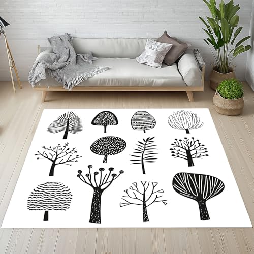 Dpvbffx Wald Baum Teppich Wohnzimmer Schlafzimmer, Handgezeichnet Kurzflor Teppich 160x200 cm, Schwarz Weiß Illustration Teppiche Antirutsch Weich Waschbare Teppiche Kinderzimmer Bettvorleger von Dpvbffx