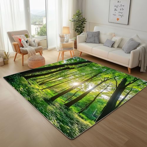Dpvbffx Wald Sonnige Fußmatte 40x60 cm, Natur Landschaft Teppich Klein rutschfest, Sonnenaufgang Panorama Teppich Kurzflor, Waschbarer Teppiche Gegend Schmutzfangmatte fur Innen Outdoor Eingang von Dpvbffx