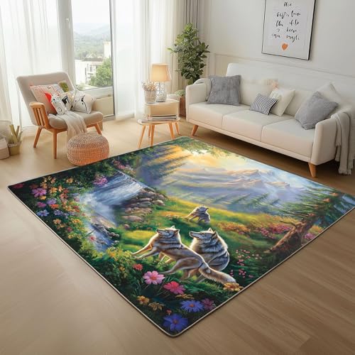 Dpvbffx Wald Wildtier Teppich rutschfest Weich, Pflanzen Blumen Wolf Teppich Wohnzimmer 80x120 cm, Naturthema Teppiche Kurzflor Waschbare fur Schlafzimmer Badezimmer Kinderzimmer Schmutzfangteppich von Dpvbffx