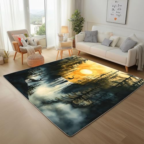 Dpvbffx Waldtiere Teppich rutschfest Weich, Hirsch Silhouette Teppich Wohnzimmer 80x150 cm, Dschungel Wildtier Teppiche Kurzflor Waschbare fur Schlafzimmer Badezimmer Kinderzimmer Schmutzfangteppich von Dpvbffx