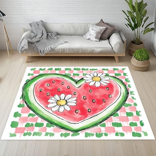 Dpvbffx Wassermelone Gänseblümchen Teppich Wohnzimmer, Aquarell Kariert Kurzflor Teppich 140x200 cm, Landhaus Frücht Blumen Teppiche Antirutsch Teppiche Kinderzimmer Schlafzimmer Bettvorleger von Dpvbffx