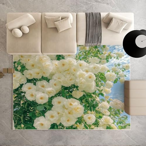 Dpvbffx White Rose Blumen Teppich Wohnzimmer, Natur Frühling Pflanzen Kurzflor Teppich 140x200 cm, Botanisch Floral Teppiche Antirutsch Weich Waschbare Teppiche Kinderzimmer Schlafzimmer Bettvorleger von Dpvbffx