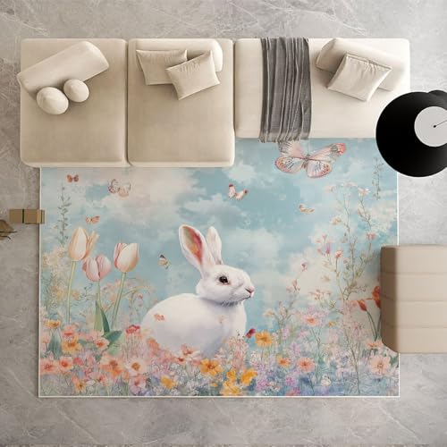 Dpvbffx Wiese Kaninchen Teppich Groß 200x290 cm, Bunt Schmetterling Blumen Waschbare Teppiche Antirutsch, Nette Tiermotiv Teppich Weich Kurzflor Fur Wohnzimmer Schlafzimmer Kinderzimmer Bettvorleger von Dpvbffx