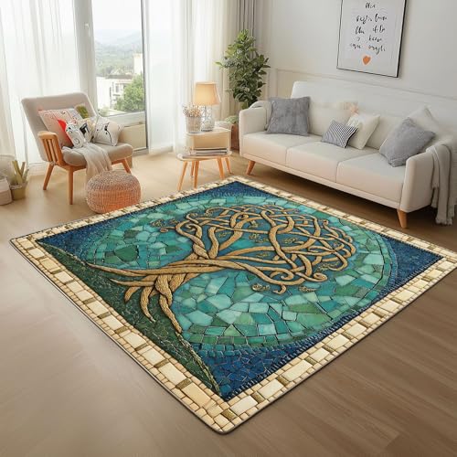 Dpvbffx Wikinger Baum Des Lebens Fußmatte 40x60 cm, Böhmen Pflanzen Teppich Klein Rutschfest, Exotisch Mystische Teppich Kurzflor, Waschbarer Teppiche Gegend Schmutzfangmatte fur Innen Outdoor Eingang von Dpvbffx