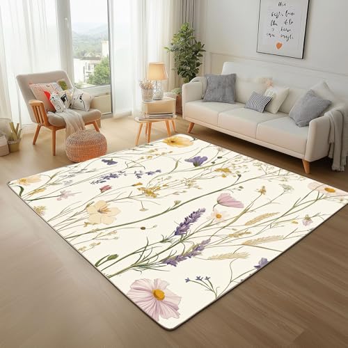 Dpvbffx Wildblumen Fußmatte 50x80 cm, Pflanzenmuster Teppich Klein rutschfest, Bauernhaus Landhausstil Teppich Kurzflor, Waschbarer Teppiche Gegend Schmutzfangmatte fur Innen Outdoor Eingang von Dpvbffx