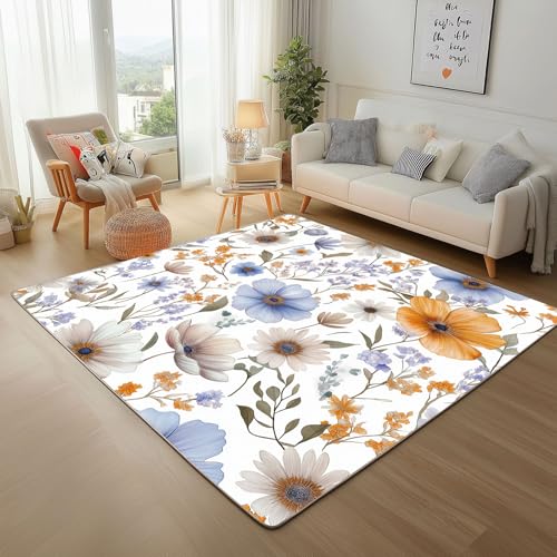 Dpvbffx Wildblumen Teppich Wohnzimmer, Frühling Pflanzen Blumen Kurzflor Teppich 160x200 cm, Landhaus Bauernhaus Teppiche Antirutsch Weich Waschbare Teppiche Kinderzimmer Schlafzimmer Bettvorleger von Dpvbffx