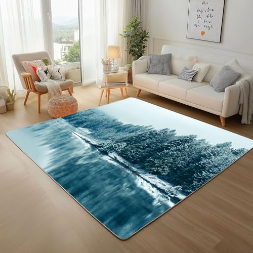 Dpvbffx Winter Tannenbaum Teppich Wohnzimmer, Wald See Kurzflor Teppich 160x200 cm, Natur Landschaft Teppiche Antirutsch Weich Waschbare Teppiche Kinderzimmer Schlafzimmer Bettvorleger von Dpvbffx