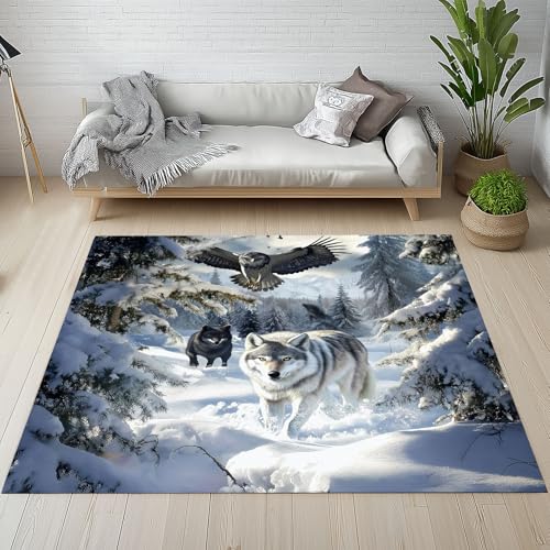 Dpvbffx Wolf Adler Teppich Wohnzimmer, Winter Dschungeltiere Kurzflor Teppich 160x200 cm, Wald Wildtier Teppiche Antirutsch Weich Waschbare Teppiche Kinderzimmer Schlafzimmer Bettvorleger von Dpvbffx