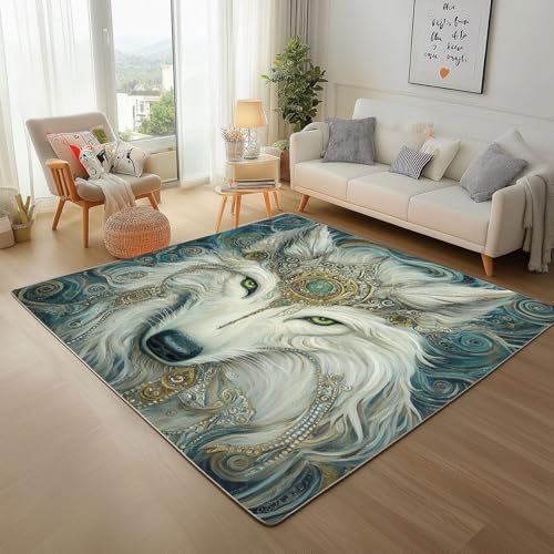 Dpvbffx Wolf Fußmatte 40x60 cm, Böhmen Tiermotiv Teppich Klein rutschfest, Exotisch Fantasy Tiere Teppich Kurzflor, Waschbarer Teppiche Gegend Schmutzfangmatte fur Innen Outdoor Eingang von Dpvbffx