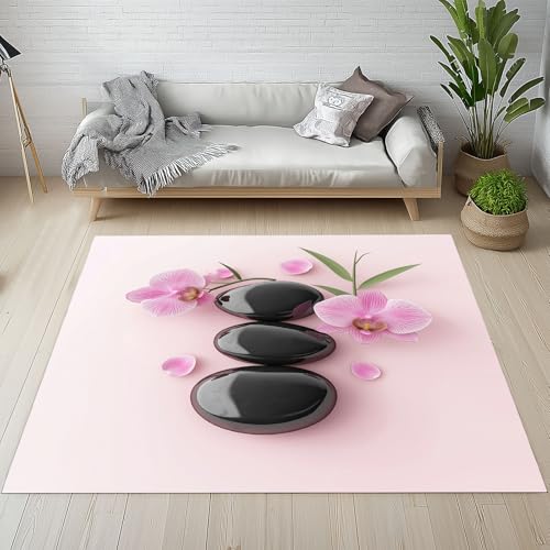 Dpvbffx Zen Blumen Stein Teppich Wohnzimmer, Orchidee Pebble Kurzflor Teppich 140x200 cm, Spa Natur Rustikale Teppiche Antirutsch Weich Waschbare Teppiche Kinderzimmer Schlafzimmer Bettvorleger von Dpvbffx