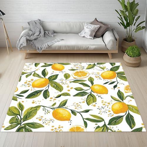 Dpvbffx Zitrone Teppich Wohnzimmer, Landhaus Tropisch Obst Kurzflor Teppich 140x200 cm, Frücht Pflanzen Blätter Teppiche Antirutsch Weich Waschbare Teppiche Kinderzimmer Schlafzimmer Bettvorleger von Dpvbffx
