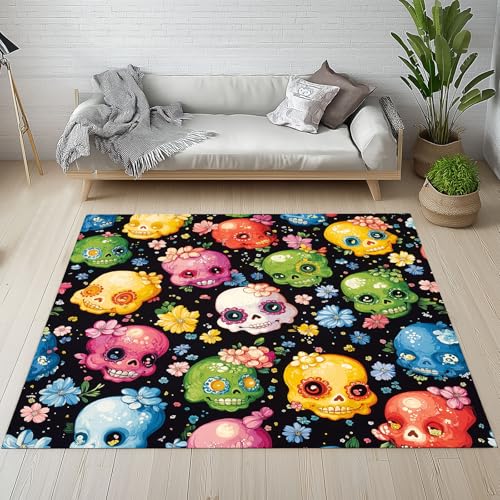 Dpvbffx Zucker Schädel Fußmatte 60x90 cm, Tag Der Toten Teppich Klein rutschfest, Bunt Blumen Skull Teppich Kurzflor, Waschbarer Teppiche Gegend Schmutzfangmatte fur Innen Outdoor Eingang von Dpvbffx