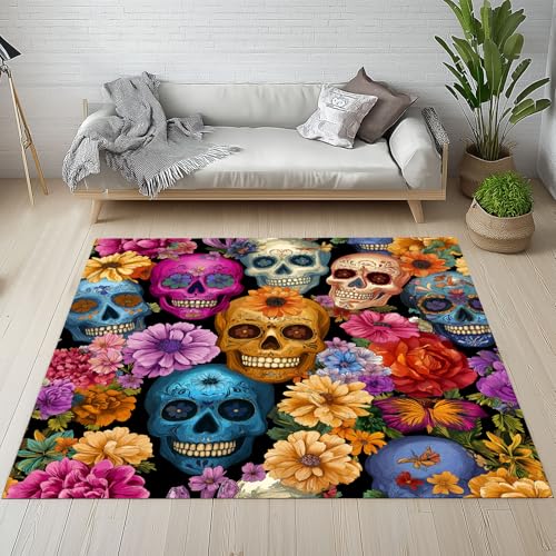 Dpvbffx Zuckerschädel Teppich Groß 200x290 cm, Blumen Bunt Skull Waschbare Teppiche Antirutsch, Tag Der Toten Totenkopf Ornament Teppich Kurzflor Fur Wohnzimmer Schlafzimmer Kinderzimmer Bettvorleger von Dpvbffx