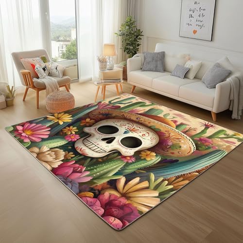 Dpvbffx Zuckerschädel Teppich Wohnzimmer, Kaktus Blumen Skull Kurzflor Teppich 120x170 cm, Mexiko Totenkopf Teppiche Antirutsch Weich Waschbare Teppiche Kinderzimmer Schlafzimmer Bettvorleger von Dpvbffx
