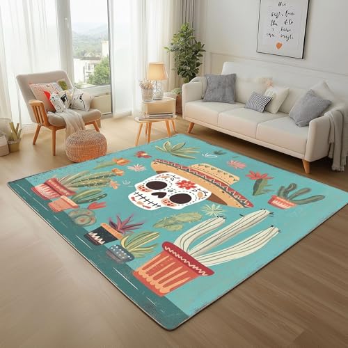 Dpvbffx Zuckerschädel Teppich Wohnzimmer, Niedlich Mexiko Skull Kurzflor Teppich 140x200 cm, Kaktus Blumen Totenkopf Teppiche Antirutsch Weich Waschbare Teppiche Kinderzimmer Schlafzimmer Bettvorleger von Dpvbffx