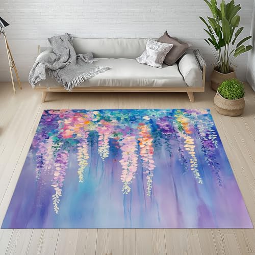Glyzinie Wisteria Teppich Groß 200x290 cm, Traum Aquarell Blumen Waschbare Teppiche Antirutsch, Landhausstil Pflanzen Teppich Weich Kurzflor Fur Wohnzimmer, Schlafzimmer, Kinderzimmer Bettvorleger von Dpvbffx