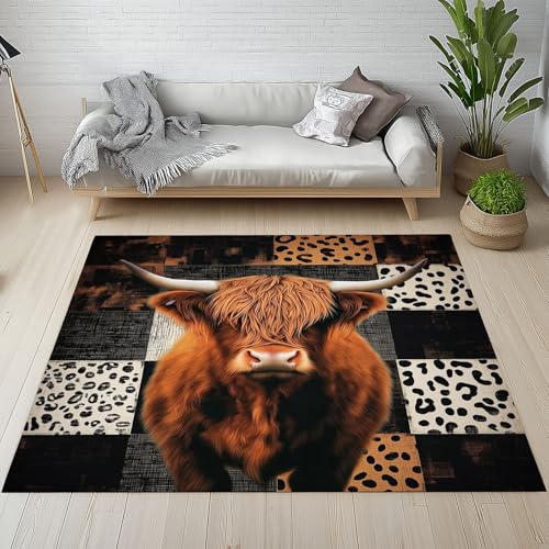 Highland Kuh Teppich Wohnzimmer Schlafzimmer, Rustikale Leopard Patchwork Kurzflor Teppich 140x200 cm, Bauernhof Tier Rinder Teppiche Antirutsch Weich Waschbare Teppiche Kinderzimmer Bettvorleger von Dpvbffx
