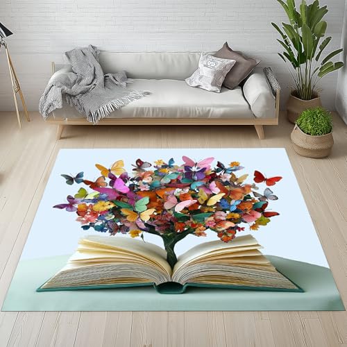 Mehrfarbig Schmetterling Teppich Wohnzimmer Schlafzimmer, Traum Insekten Bücher Kurzflor Teppich 140x200 cm, Modern Kunstwerk Teppiche Antirutsch Weich Waschbare Teppiche Kinderzimmer Bettvorleger von Dpvbffx