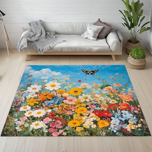 Ölgemälde Floral Fußmatte 60x90 cm, Mehrfarbig Wildblumen Teppich Klein Rutschfest, Frühling Gänseblümchen Waschbarer Teppich Kurzflor Weich, Teppiche Gegend Schmutzfangmatte fur Innen Outdoor Eingang von Dpvbffx