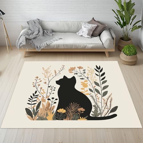 Schwarze Katze Teppich Wohnzimmer Schlafzimmer, Haustier Kätzchen Silhouette Kurzflor Teppich 140x200 cm, Illustration Malerei Teppiche Antirutsch Weich Waschbare Teppiche Kinderzimmer Bettvorleger von Dpvbffx