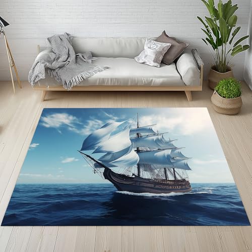 Segelschiff Teppich Wohnzimmer Schlafzimmer, Ozean Nautische Segelboot Kurzflor Teppich 160x200 cm, Maritim Meer Abenteuer Teppiche Antirutsch Weich Waschbare Teppiche Kinderzimmer Bettvorleger von Dpvbffx