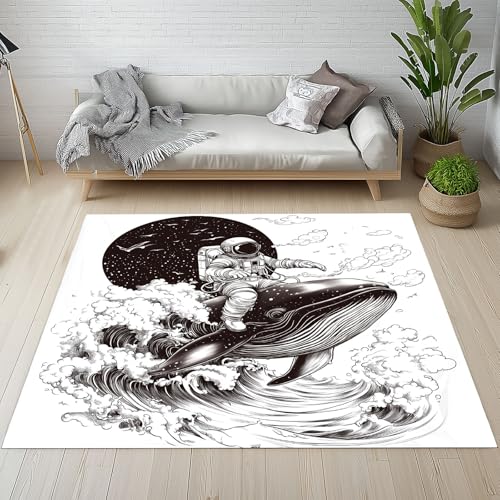 Wal Astronaut Teppich Wohnzimmer Schlafzimmer, Karikatur Illustration Kurzflor Teppich 160x200 cm, Teen Junge Fantasy Abenteuer Teppiche Antirutsch Weich Waschbare Teppiche Kinderzimmer Bettvorleger von Dpvbffx