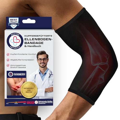 Von Ärzten Entworfen, Ellenbogenbandage Tennisarm mit Kupfer, Armbandage für Golferarm, Arthrose, Ellenbogenschoner für Ellbogenkompression & Unterstützung, Ellenbogen Bandage, Schwarz, L von Dr. Arthritis