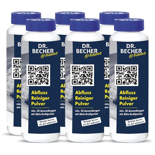 DR.BECHER @home Vorteilspack Abfluss Reiniger Pulver, Effektive Reinigung für Abflüsse in Bad und Küche, entfernt Fett, Speisereste, Schmutz und Haarbälle - für PVC und Kunststoffrohre 6x 750g von DR.BECHER