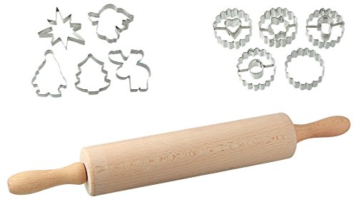 Dr. Oetker Ausstecherset "Leckere Weihnachtsplätzchen und Kekse für die kalte Jahreszeit", Teigroller aus Holz mit Ausstechformen aus Edelstahl und Linzer Ausstecher, Menge: 1 x 3er Set von Dr. Oetker