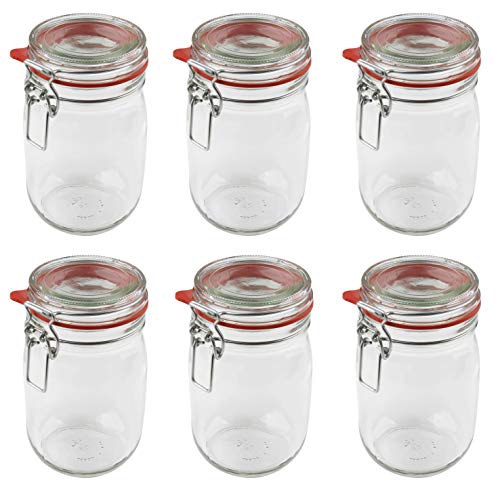 Dr. Oetker Einmachgläser mit Bügelverschluss 1140 ml, Vorratsglas mit Deckel, luftdichtes Marmeladenglas, vielseitiges Einweckglas, Bügelverschlussglas (Farbe: Transparent/Rot), Menge: 6 Stück von Dr. Oetker