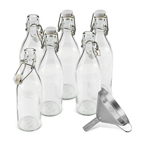 Dr. Oetker Glasflaschen mit Bügelverschluss 500 ml mit Trichter, hochwertiges Bügelflasche, luftdichte Saftflasche, Flasche zum Selbstbefüllen (Farbe: Transparent/Weiß/Grau), Menge: 1 x 7er Set von Dr. Oetker