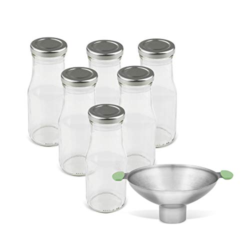 Dr. Oetker Milchflaschen 250 ml mit Trichter, Smoothie-Flasche mit Deckel, luftdichte Saftflasche, hochwertige Flasche mit Einmachtrichter (Farbe: Transparent/Silber/Grau), Menge: 1 x 7er Set von Dr. Oetker
