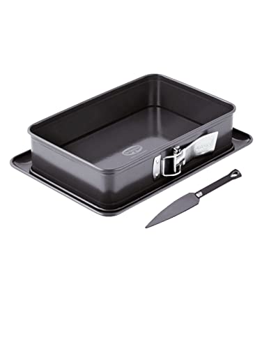Dr. Oetker Kleine Rechteck-Springform 28 x 18 cm BACK SPASS und Kuchenlöser, rechteckige Backform mit emailliertem Servierboden, Blechkuchenform mit Auslaufschutz, Grau-Braun, Menge: 1 x 2er Set von Dr. Oetker