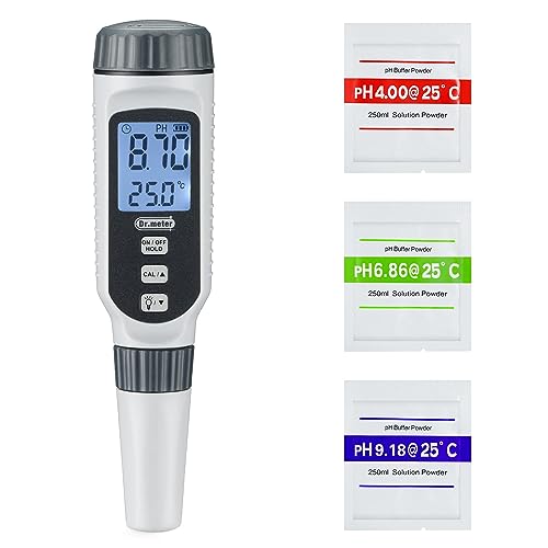 PH Messgerät, Dr.meter PH Messgerät Wasser 0.01Hochpräziser PH Wert Messgerät mit Alarm-LCD-Display und Automatische Temperatur Kompensation für Wasser, Aquarium, Teich, Pool mit Kalibrierpulver von Dr.meter