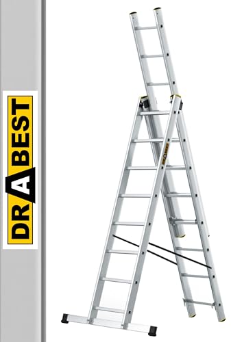 DRABEST Leiter PRO Serie Aluleiter 3-teilig Leiter PRO 3x8 Stufen Kombileiter Arbeitshöhe 5,56 m Belastbarkeit 150 kg inkl. Eimerhaken von DRABEST