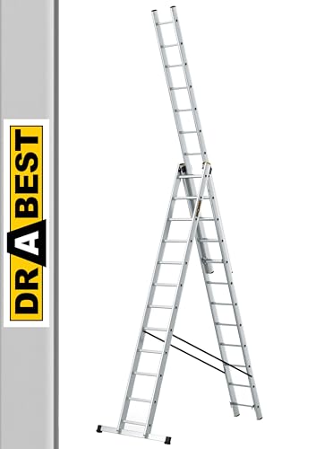 DRABEST Leiter PRO Serie Aluleiter 3-teilig Mehrzweckleiter 3x12 Stufen Leiter Multifunktionsleiter Kombileiter bis 150 kg Beslastbar - Arbeitshöhe 8,09 m - inkl. Eimerhaken von DRABEST
