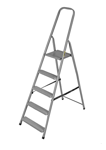 DRABEST Leiter Klappbar 5 Stufen Klapptrittleiter aus Stahl Trittleiter Haushaltsleiter bis 125 kg Belastbar Stehleiter mit Ablagen von Drabest