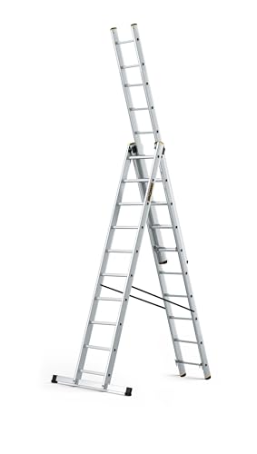 DRABEST Leiter PRO Serie Schiebeleitern 3-teilig Vielzweckleiter 3x10 Stufen Alu Leiter Arbeitshöhe 6 m Belastbarkeit 150 kg inkl. Eimerhaken von DRABEST