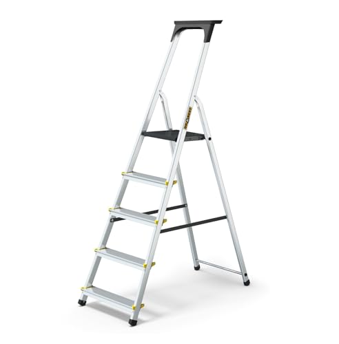 DRABEST Leiter PRO Serie Trittleiter Alu Leiter 5 Stufig Klappbar Stufenleiter mit Ablage Haushaltsleiter Belastbar bis 150 kg Stehleiter von DRABEST