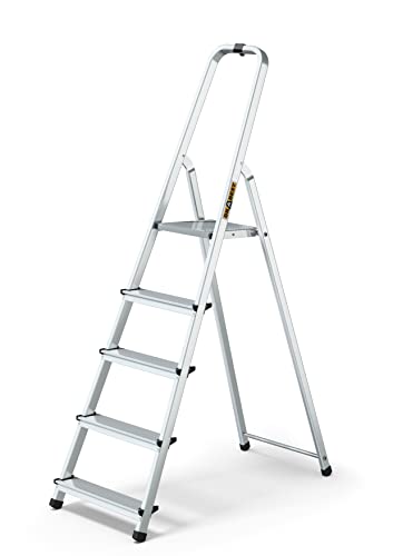 DRABEST Trittleiter klappbar Aluleiter 5 Stufen mit Ablage Stufenleiter Haushaltsleiter Belastbar bis 125 kg Stehleiter kostenloser Haken von DRABEST