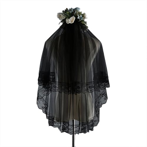 Spitzen-Jakobsmuschel-Hochzeitsschleier Junggesellinnenabschied Brautschleier bestickter Schleier mit Kamm weißes Kopfstück Brautparty-Geschenk Verlobungszubehör Hochzeit(Black) von Dracqwn