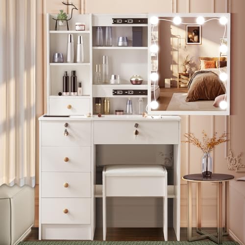 Dradaomull Schminktisch-Set mit Hollywood-LED-Beleuchtung, mit Spiegel und Hocke, 6 Schubladen und 3 offene Fächer Moderner Holzschminktisch für das Schlafzimmer Weiß Dradaomull Schminktisch-Set mit Hollywood-LED-Beleuchtung, mit Spiegel und Hocke, 6 Schubladen und 3 offene Fächer Moderner Holzschminktisch für das Schlafzimmer Weiß von Dradaomull