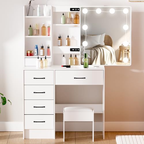 Dradaomull Schminktisch mit Hollywood-LED-Beleuchtung, mit Spiegel und Hocke, 6 Schubladen und 3 offene Fächer Modernes Design ideal für das Schlafzimmer Dradaomull Schminktisch mit Hollywood-LED-Beleuchtung, mit Spiegel und Hocke, 6 Schubladen und 3 offene Fächer Modernes Design ideal für das Schlafzimmer von Dradaomull